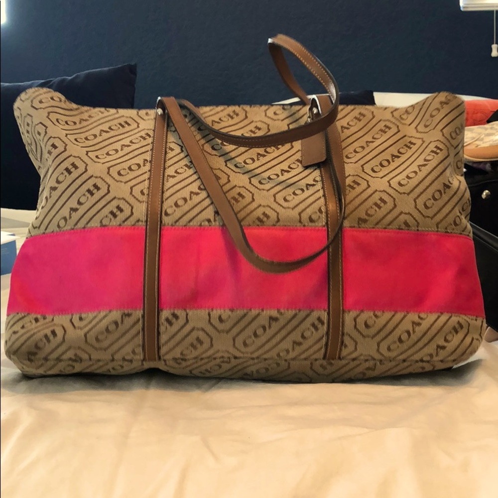 Pink and brown Coach tote with zip